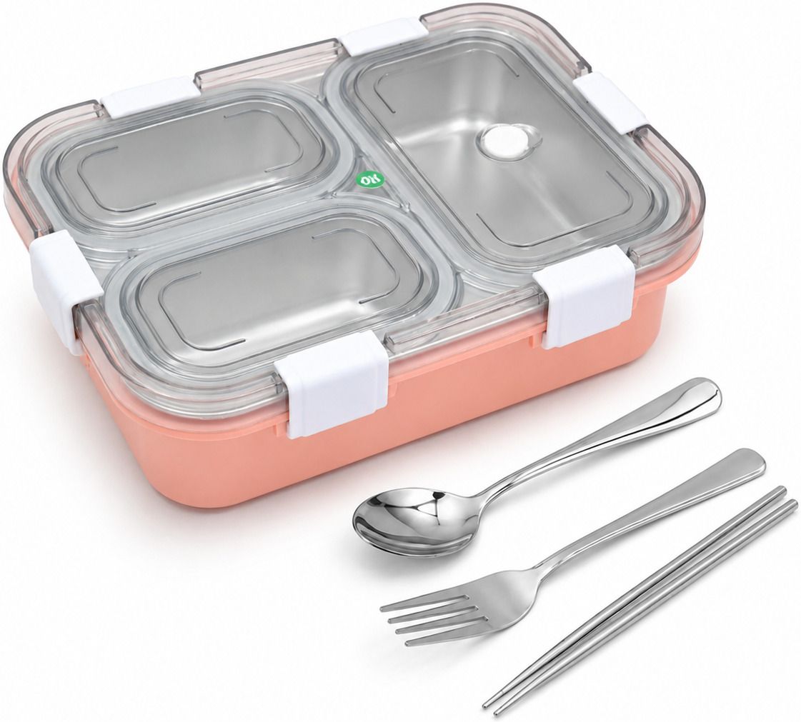 Stainless Steel Lunch Box, 3 Compartments with Spoon, Fork & Chopsticks Set 3 Containers Stainless Steel Office Lunch Box-image-22