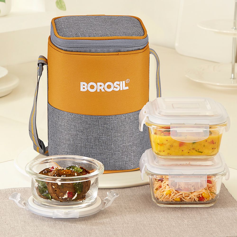 borosil Zest Borosilicate Glass Lunchbox, 3pc Set (320ml x 2 + 240ml x 1), Office Tiffin 3 Containers Lunch Box-picture-14