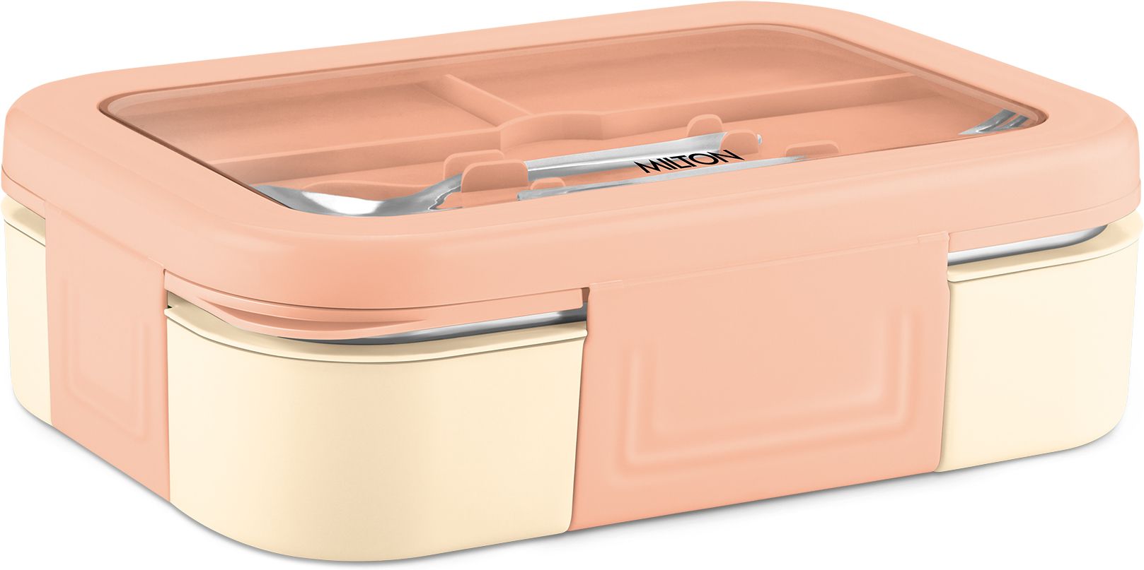 Ethan 3 Inner Stainless Steel Tiffin Box, 3 Partition, Leak-Proof, 600 ml, Ivory 2 Containers Stainless Steel School Lunch Box-image-2