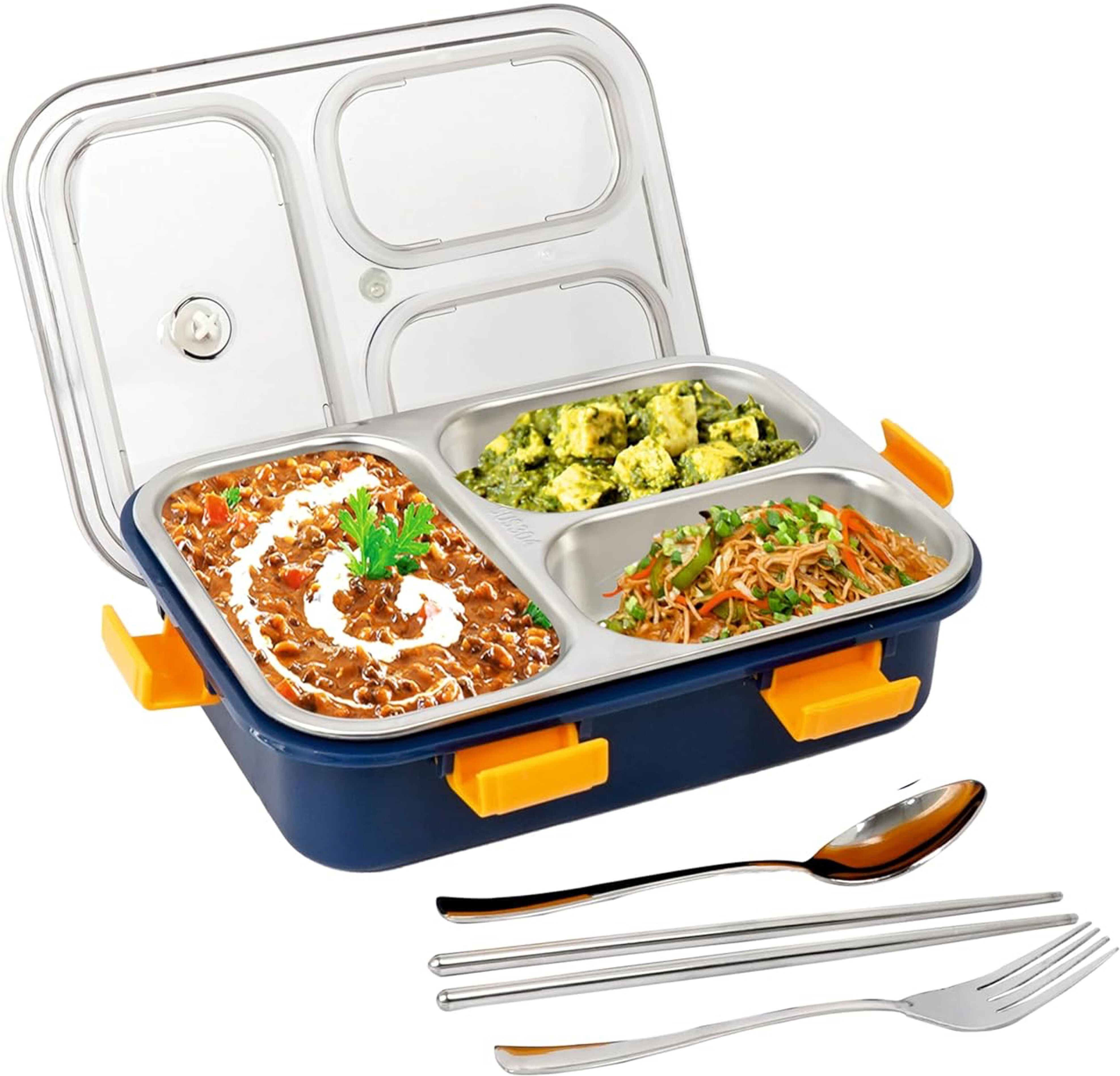 Stainless Steel Lunch Box with 3 Compartment with Spoon for Kids & Adults 3 Containers Lunch Box