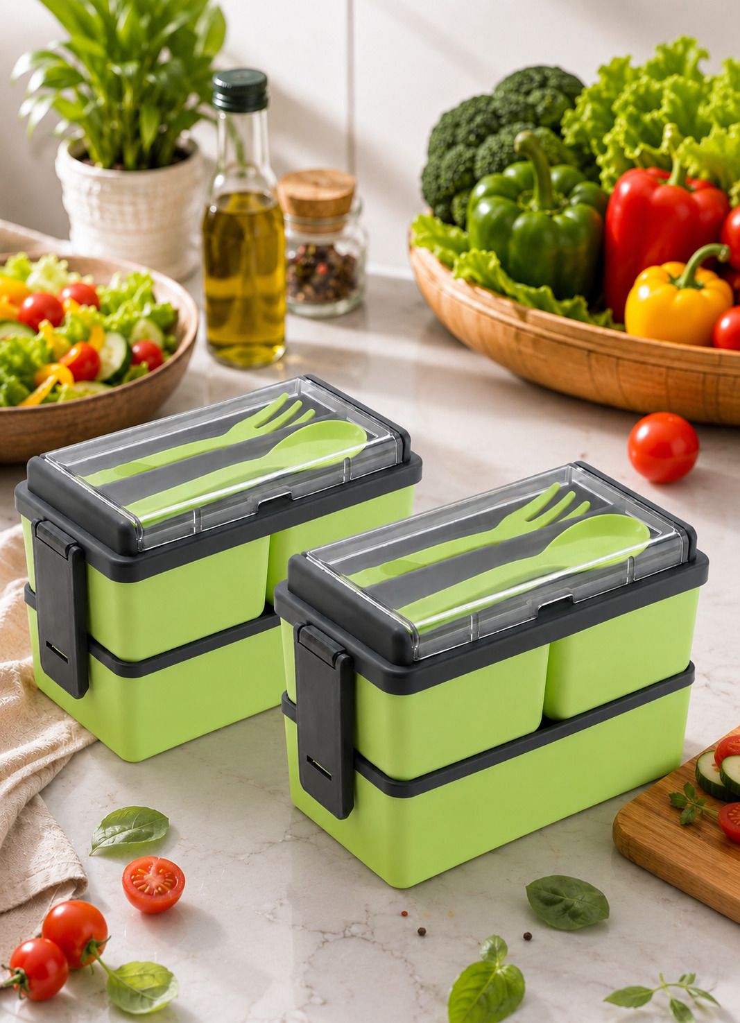 Leak Proof 3 Layer Lunch Box with Spoon & Fork | BPA Free Food Grade 3 Containers Plastic School Lunch Box-image-33