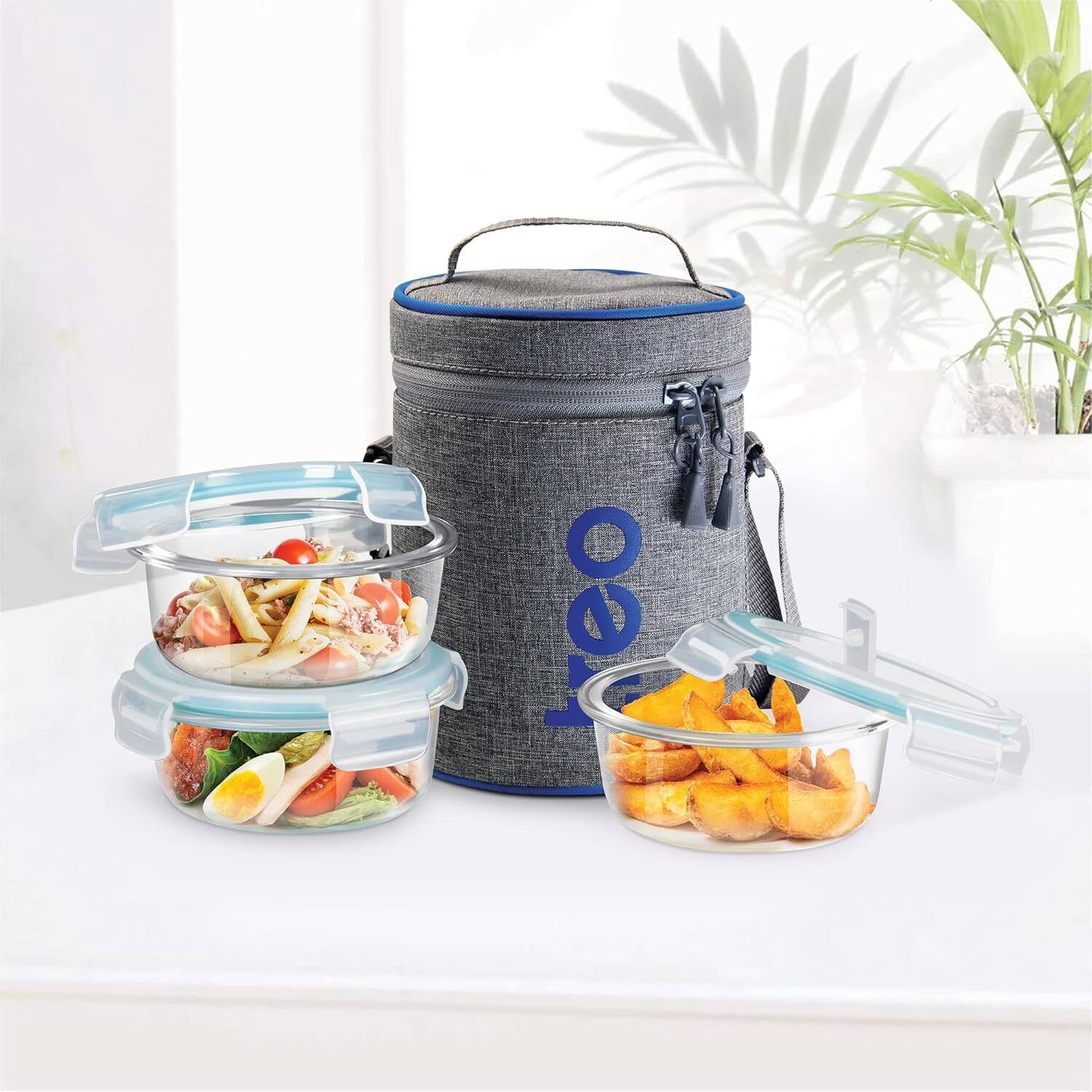 Treo Borosilicate Glass ,Water Proof Carry Jacket, Grey , 3 Containers Glass Office Lunch Box-image-32