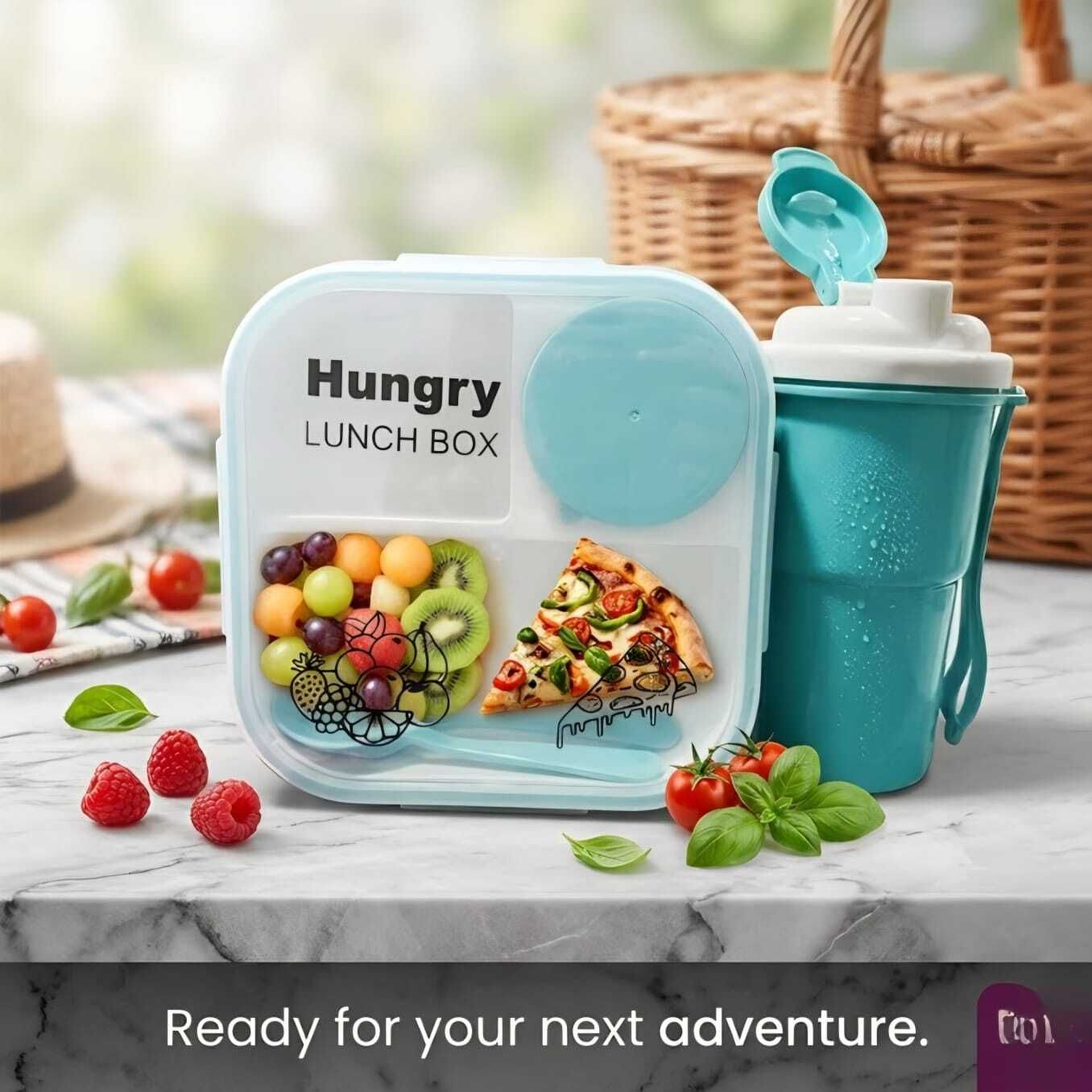 Hungry Lunch Box with Water Bottle & Spoon (900 ml) 3 Containers Plastic School Lunch Box-image-48