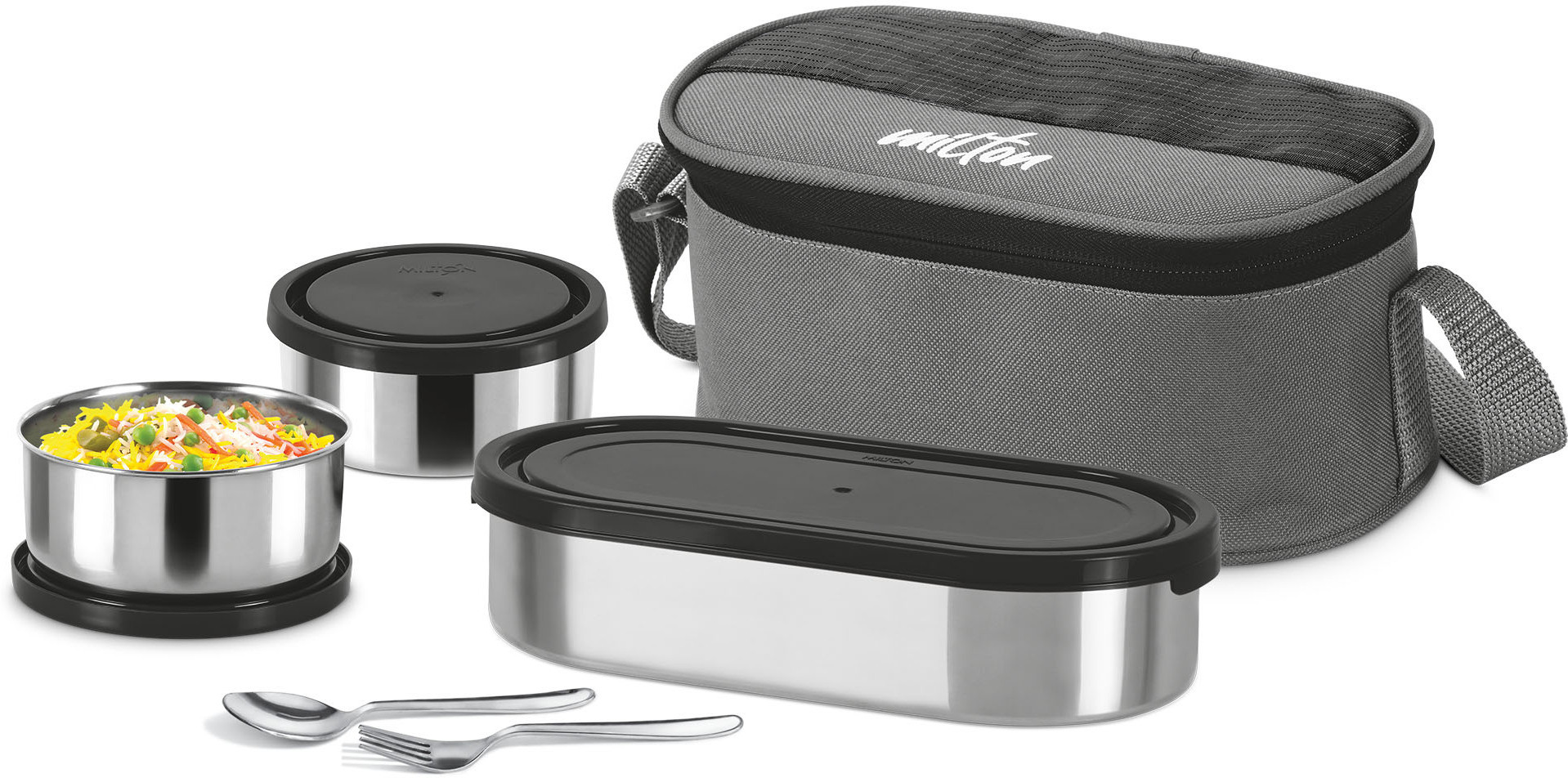 milton Master Lunch Max (3 Containers,1 x 675 ml , 2 X 280 ml each) With Jacket, Black 3 Containers Lunch Box image 1