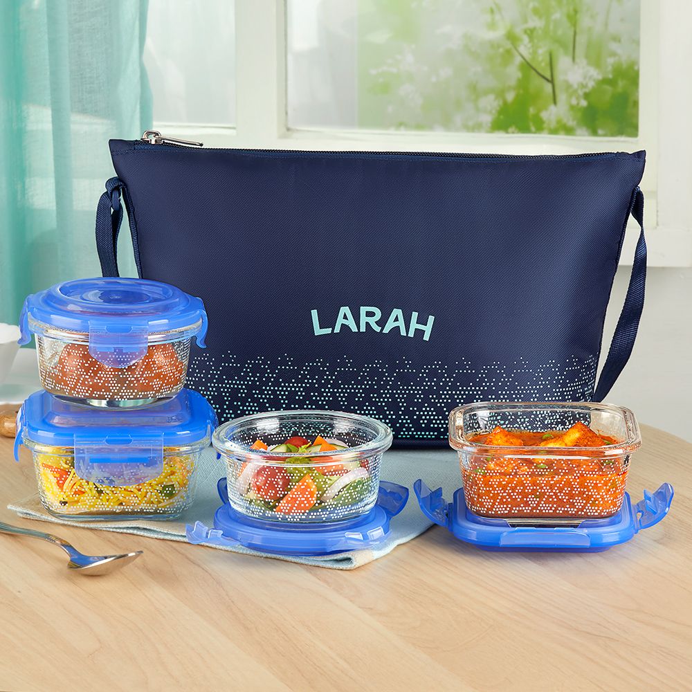 larah by borosil Speckle Blue Daisy Borosilicate Glass Lunchbox, 4pc Set (320ml x 2 + 240ml x 2) 4 Containers Glass Office Lunch Box-picture-14