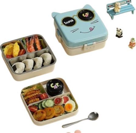 pmw Cat Theme Bento Lunch Box with Stainless Steel Inner Tray & Spoon | 3 Containers Stainless Steel School Lunch Box-picture-26
