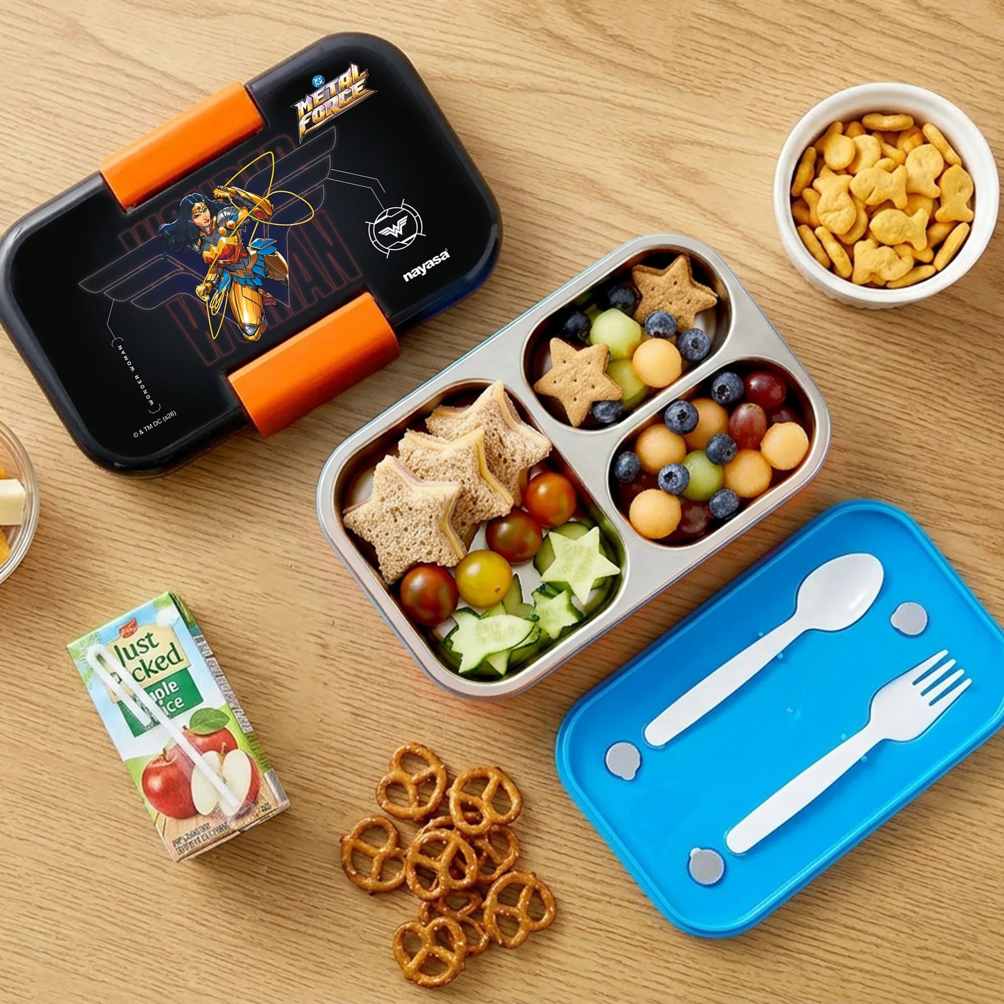 nayasa Marco Wonder Women Print 2 Compartment Stainless Steel Insulated Lunch 1 Containers Plastic, Stainless Steel School Lunch Box-picture-13