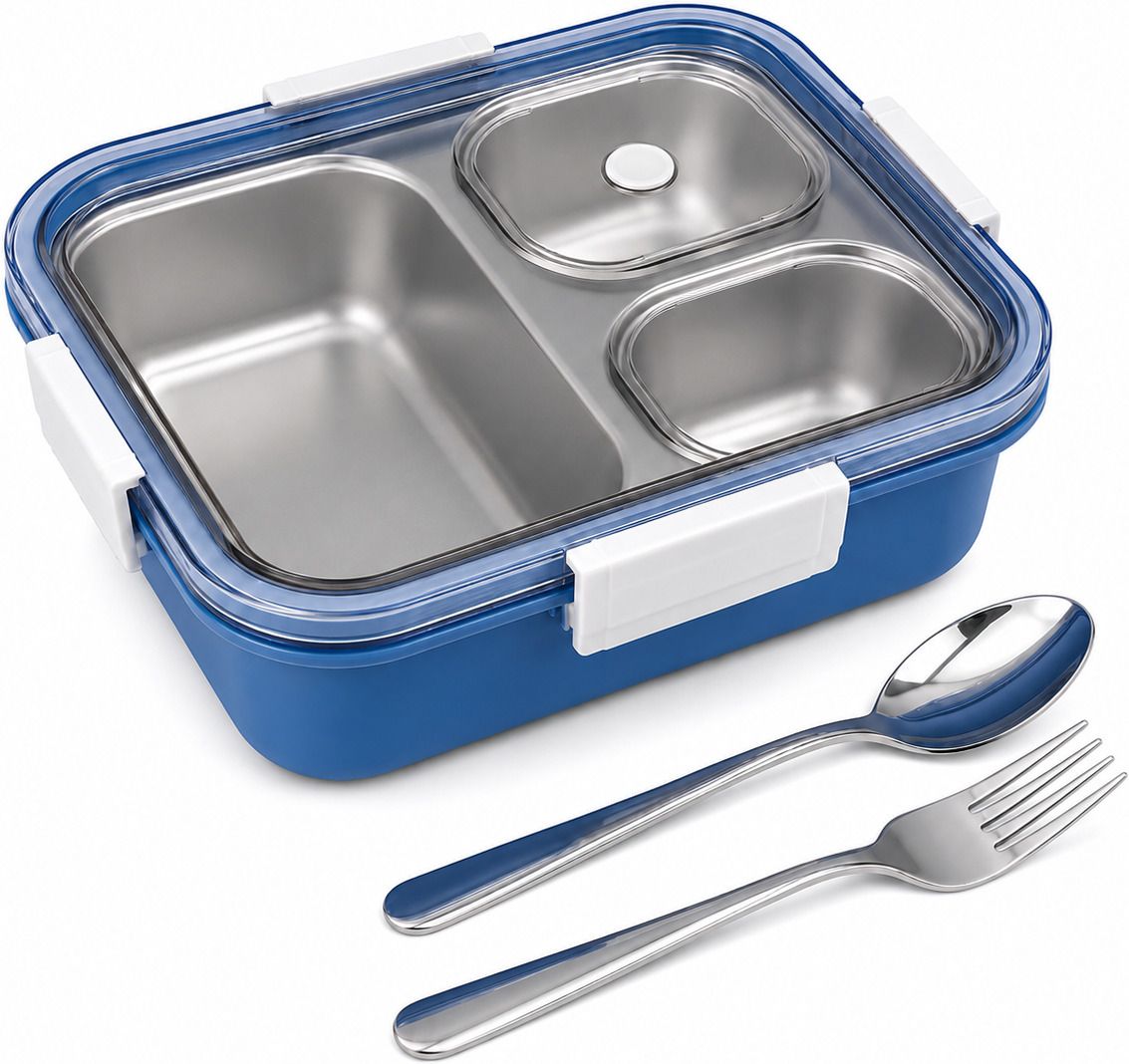 3 Compartment Stainless Steel Lunch Box with Spoon & Fork for School & Office 3 Containers Stainless Steel School Lunch Box-image-33