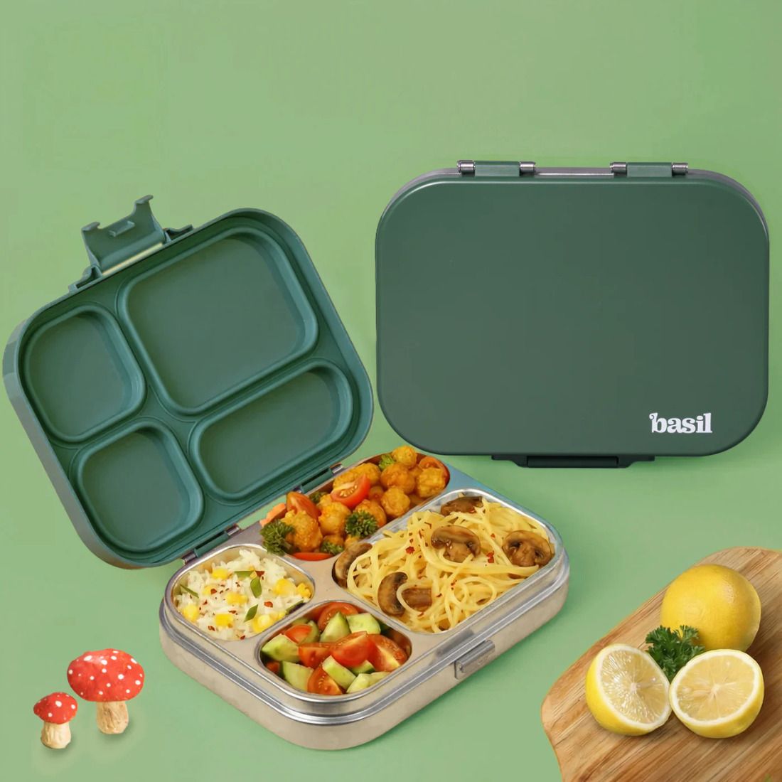 Stainless Steel 4 Compartment Bento Lunch Box, BPA-Free Lid, 800ml - Wild Wood 4 Containers Stainless Steel Office Lunch Box-image-29
