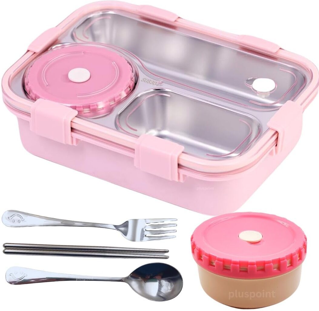 Koi Koi Stainless Steel Lunch Box for Kids 3 Compartments 1 Containers Plastic, Stainless Steel School Lunch Box-image-2