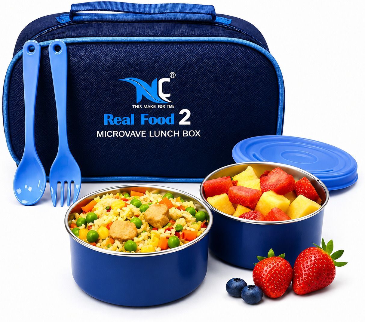 Real Food Microwave Lunch Box 2 Containers Plastic, Stainless Steel School Lunch Box-image-34