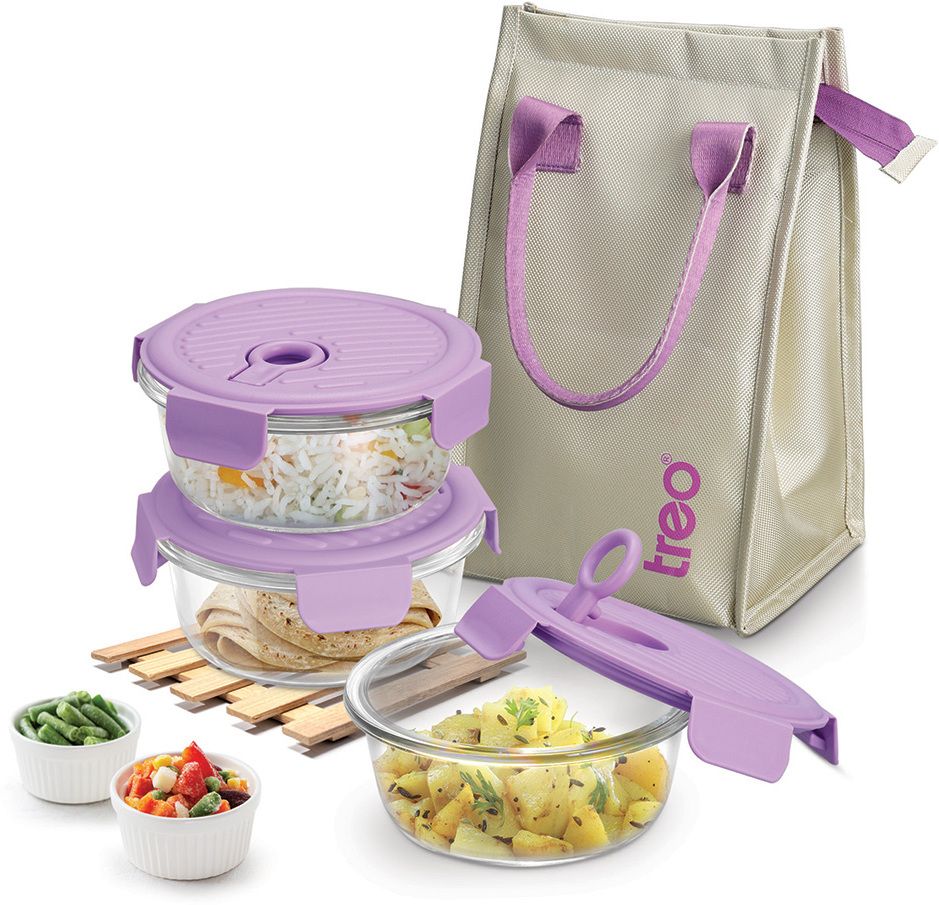Lumino Fresh Round Borosilicate Glass Lunch Box Set of 3 Purple 400ml Each & Bag 3 Containers Lunch Box-image-37