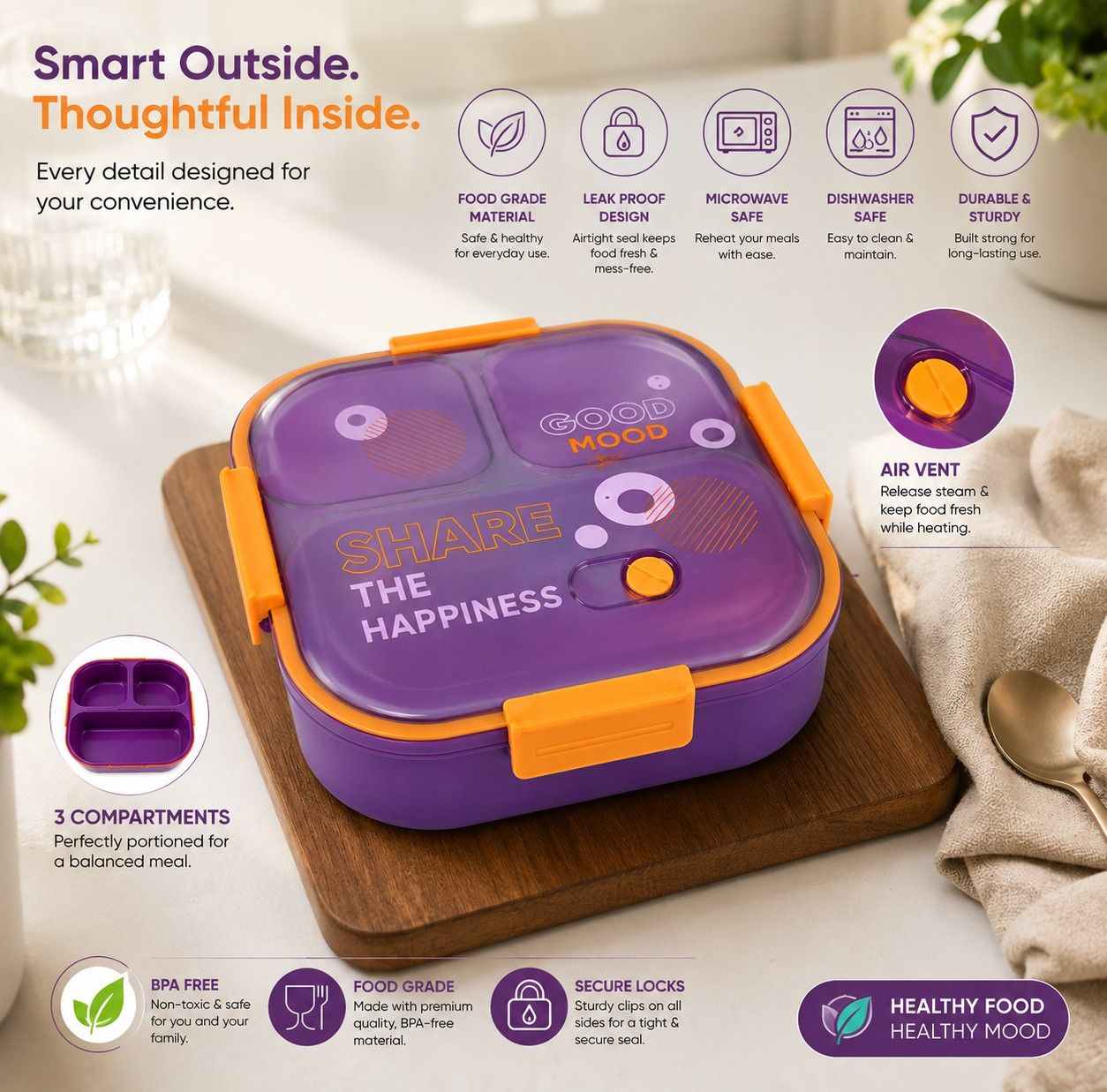 saisantoshtrend OrangeLunch 3 Containers Plastic School Lunch Box-picture-1