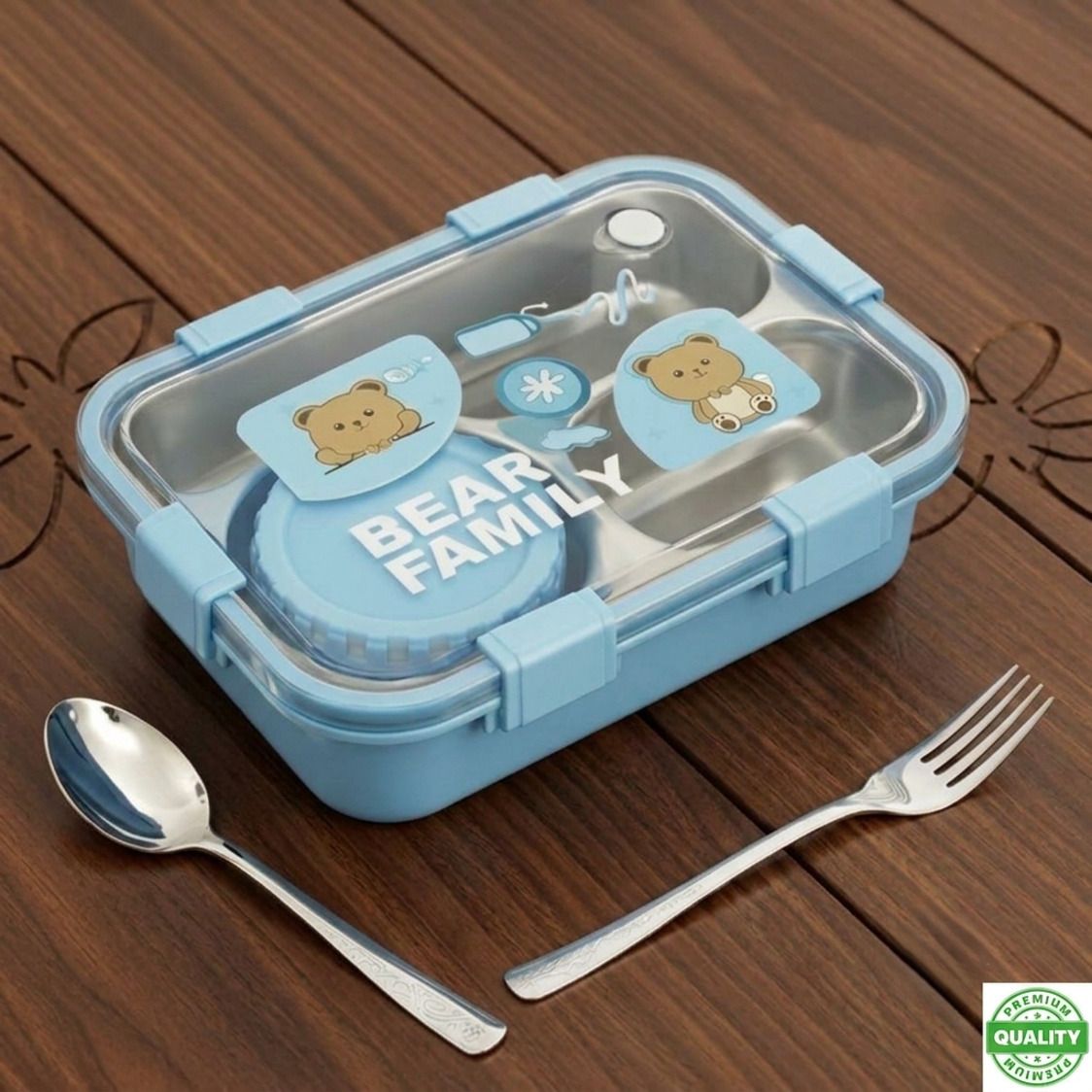 kyrios international Bear Family 3 Compartment Stainless Steel Lunch Box With Spoon & Fork KY6 3 Containers Stainless Steel, Plastic, Silicone School Lunch Box-picture-36