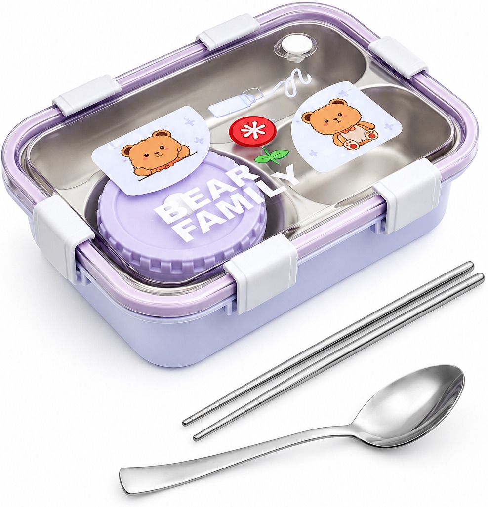 pretty pearl Kawaii Bear Family Steel Lunch Box With Spoon & Chopsticks 3 Containers Stainless Steel School Lunch Box-picture-22