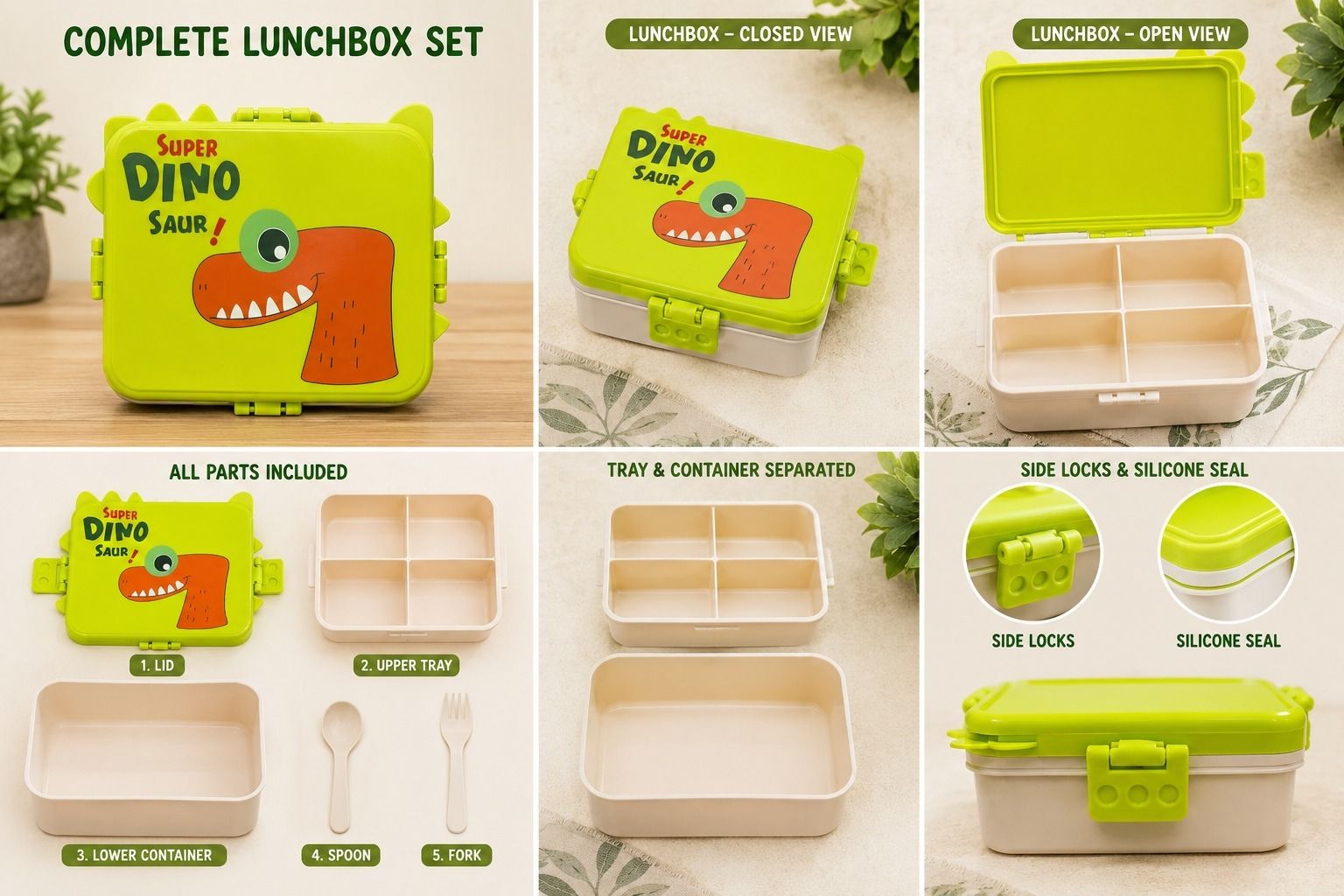 Reusable Kids Food Lunch Box with Cute Dinosaur Print Leakproof Design 3 Containers Stainless Steel School Lunch Box-image-35