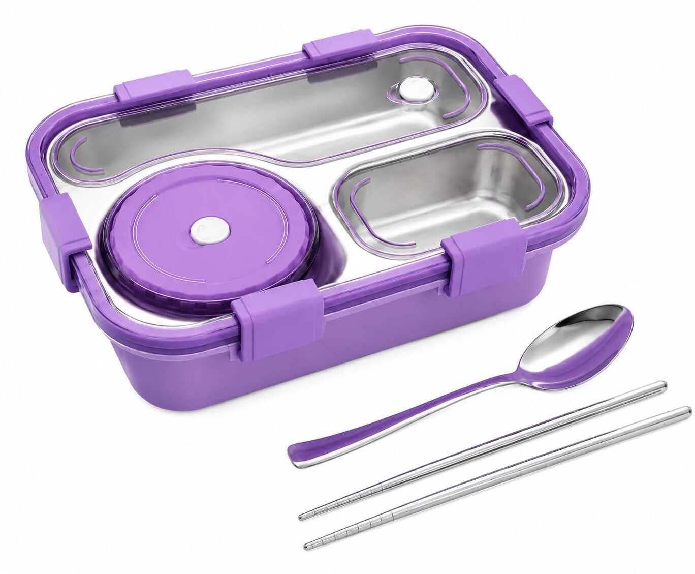 Stainless Steel 3 Compartment Lunch Box with Spoon & Sauce Cup 3 Containers Plastic School Lunch Box-image-41