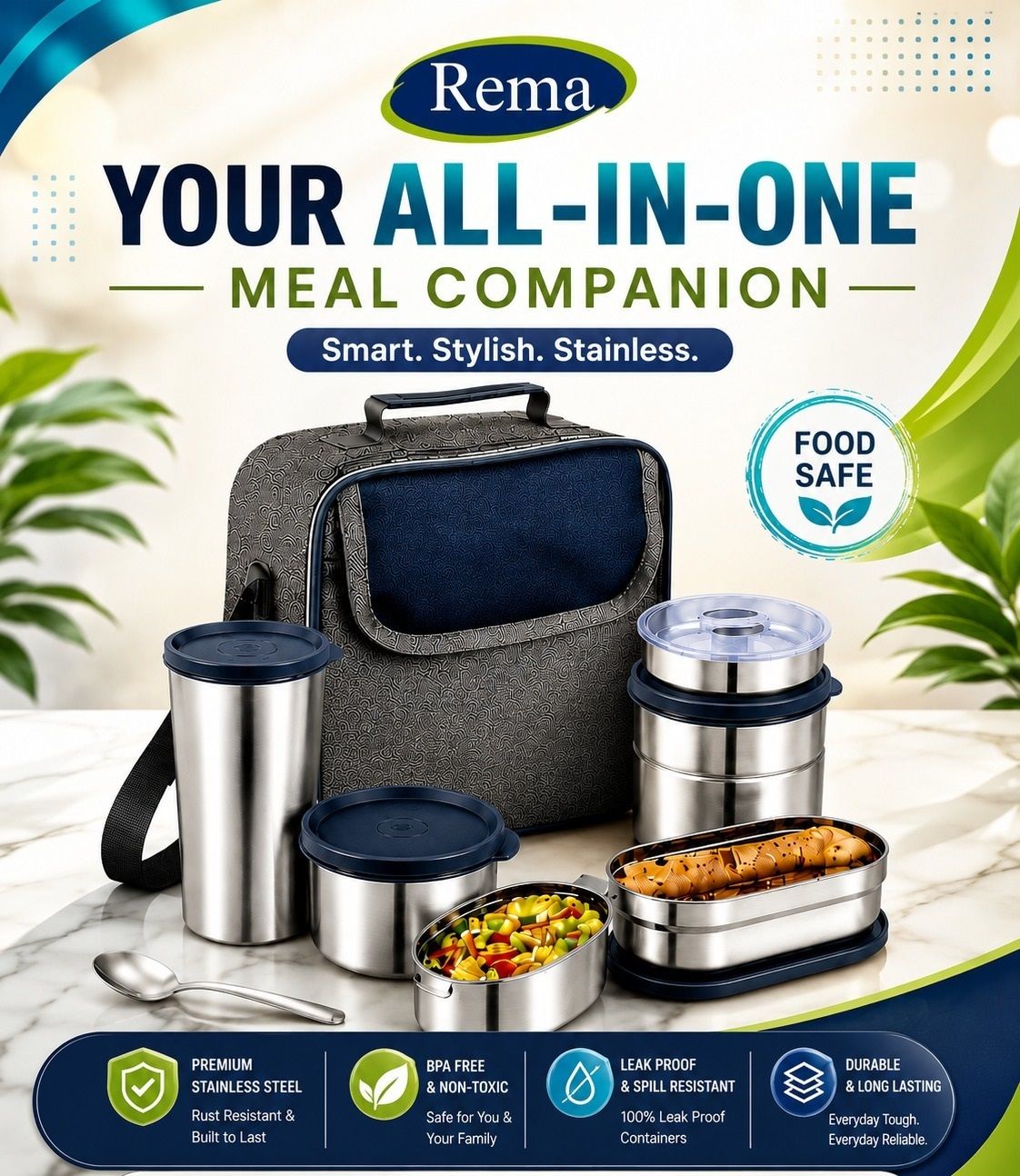 All in One Steel Lunch Box Set with Bottle & Insulated Lunch Bag 6 Containers Stainless Steel Office Lunch Box-image-27