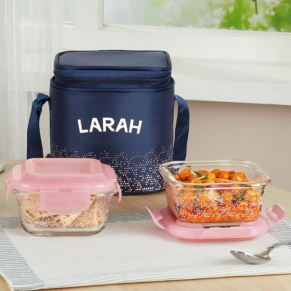 Speckle Pink Borosilicate Glass Tiffin, (320ml x 2) Vertical, Square 2 Containers Glass Office Lunch Box-image-49