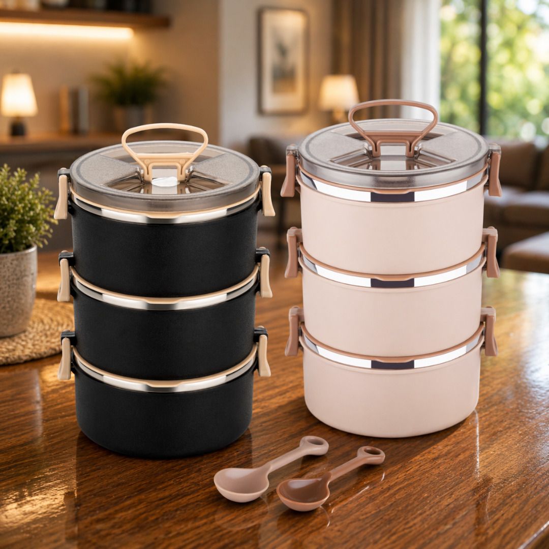 Buy 1 Get 1 Free Big Bite 3 Layer SS Lunch Box | Leakproof Tiffin for Office 6 Containers Stainless Steel Office Lunch Box-image-48