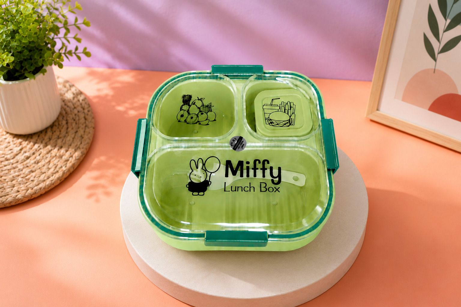 Portable Miffy Bento Box | 3 Section Lunch Box for School & Office 3 Containers Plastic School Lunch Box-image-17