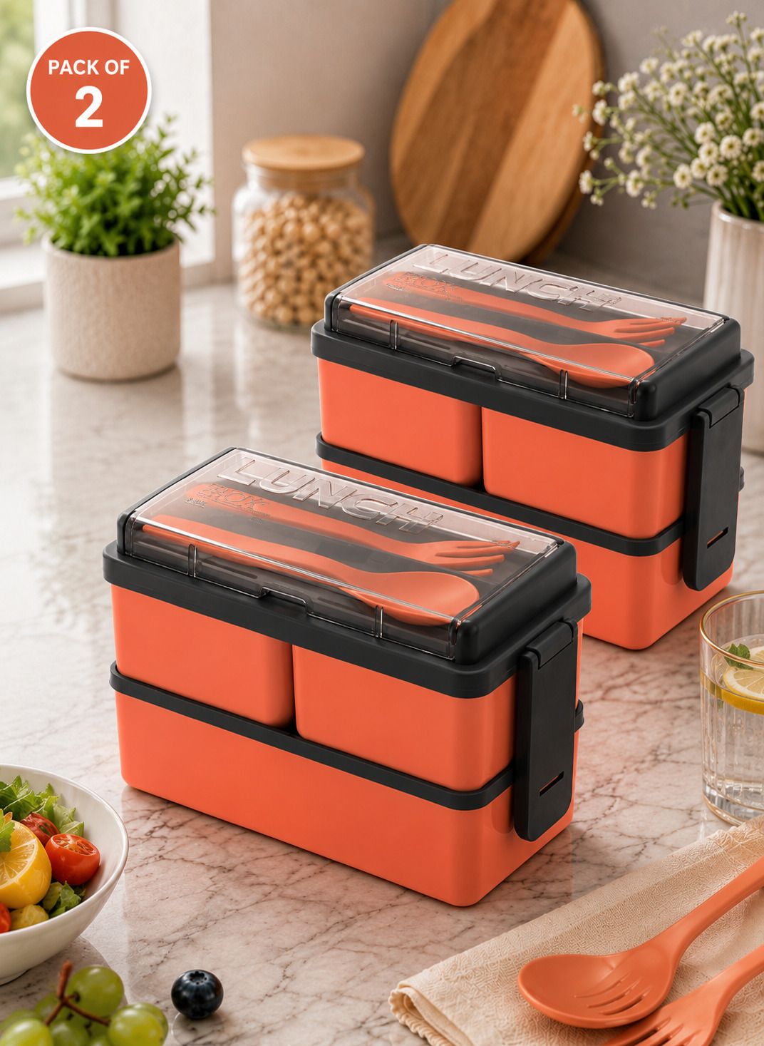3 Layer Lunch Box with Spoon & Fork (Pack of 2) | Leak Resistant BPA Free 3 Containers Plastic Office Lunch Box-image-15