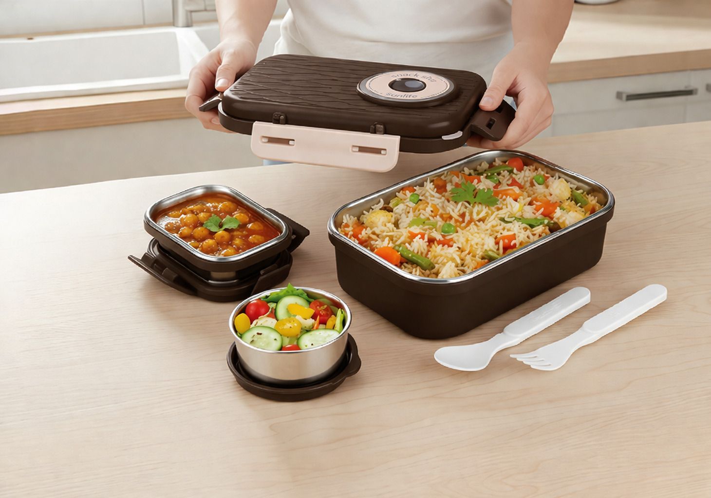 sunlife - Snack Shot 3 Insulated Steel Lunch Box - Leak Proof - Includes Spoon & Fork, 3 Containers Stainless Steel School Lunch Box-picture-9