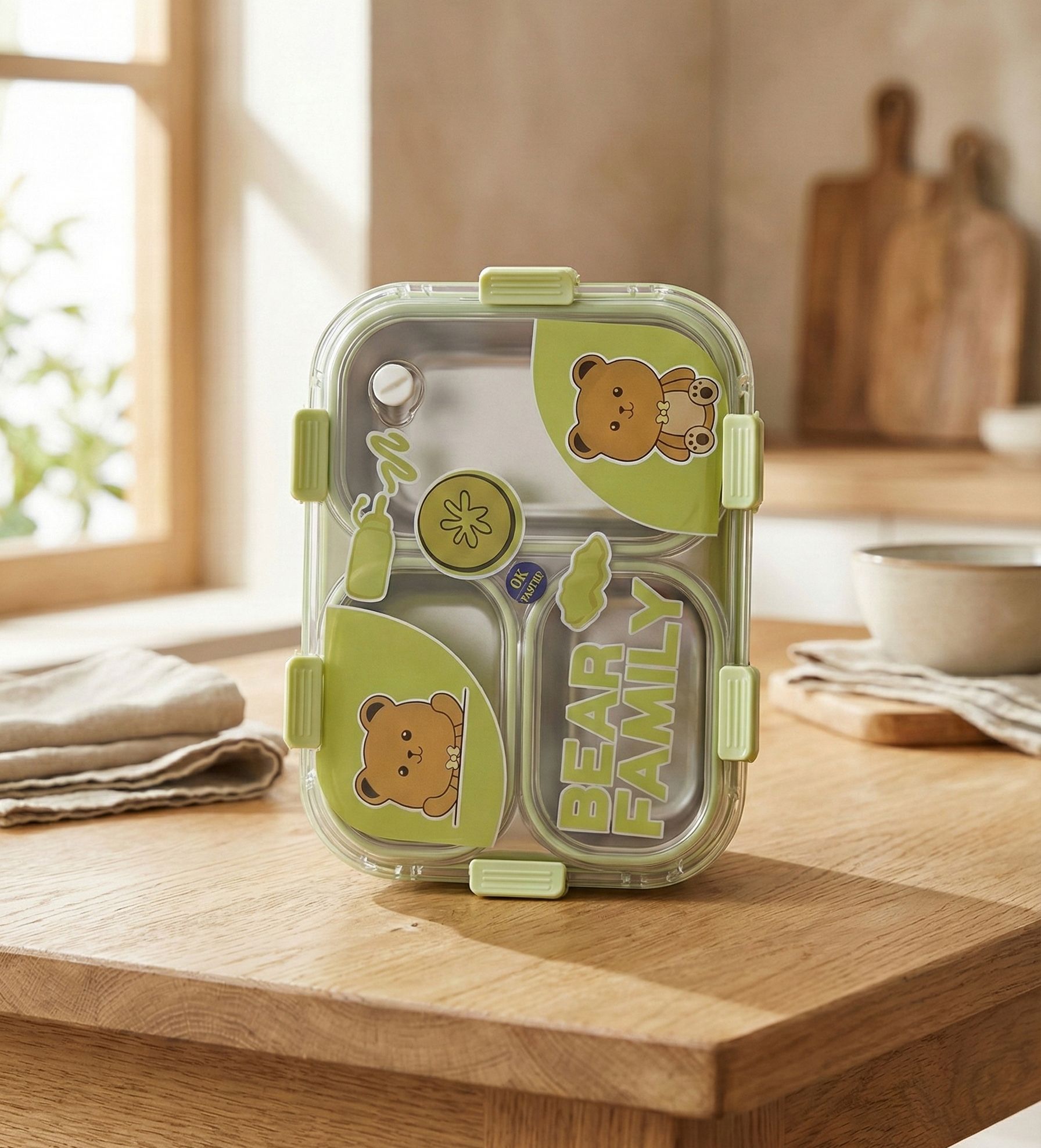 Bento Bear Family Stainless Steel Lunch Box With Spoon & Fork 3 Containers Stainless Steel, Stainless Steel School Lunch Box-image-18