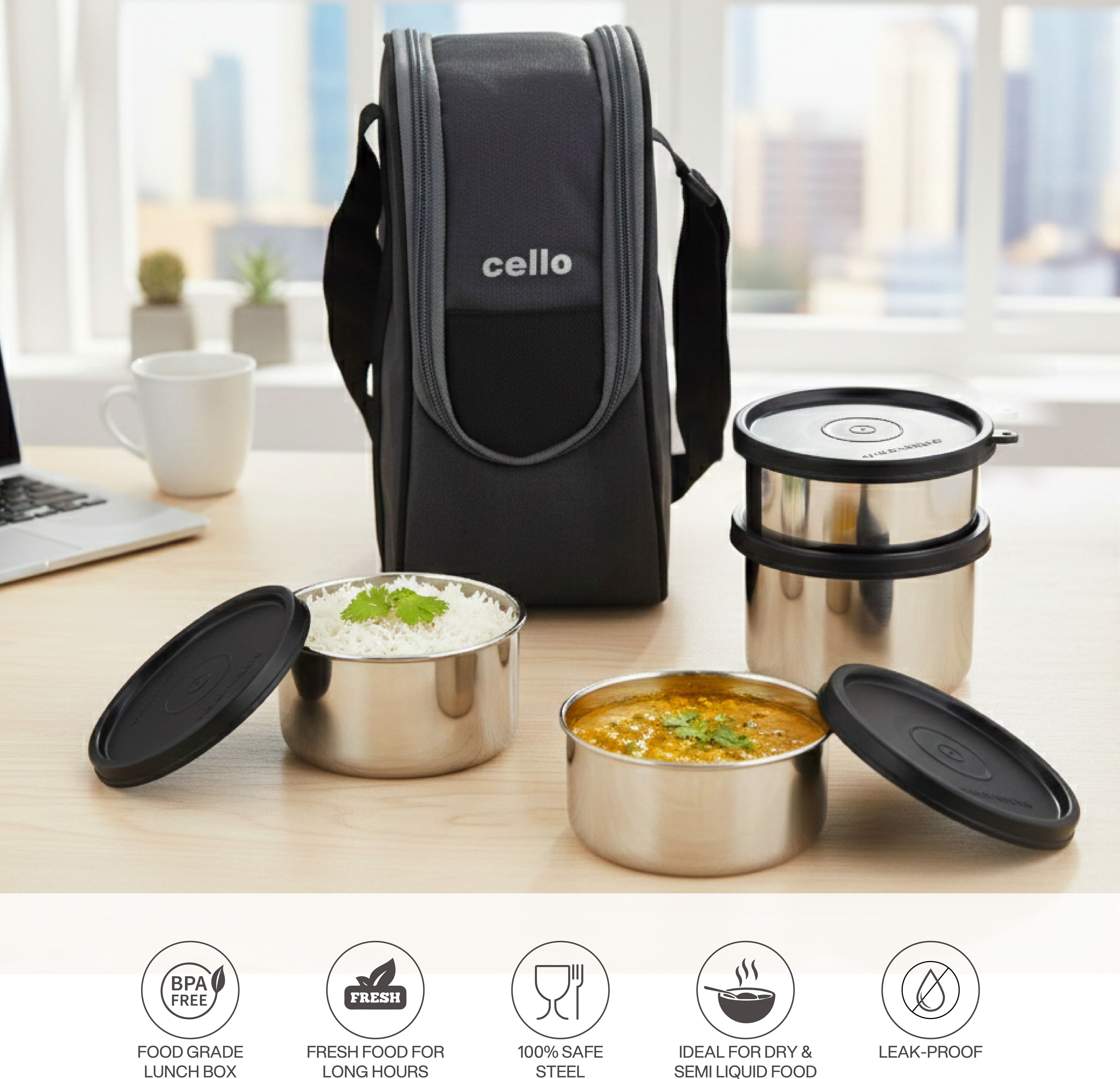 cello Steelox Set of 4 Pcs (225ml, 375ml, 2 x 550ml) with Bag, Grey Airtight Leakproof 4 Containers Stainless Steel Office Lunch Box-picture-10