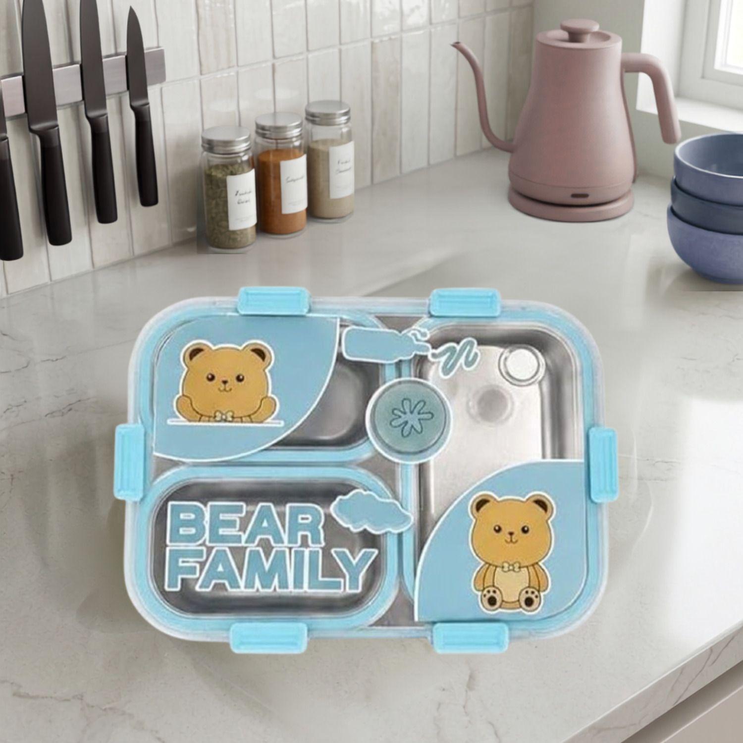 Bear Family Stainless Steel Lunch Box With Spoon & Fork_B133 3 Containers Stainless Steel School Lunch Box-image-5