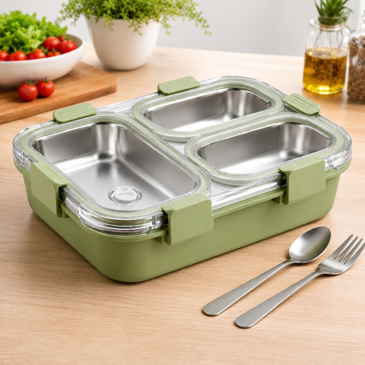 SS 304 Stainless Steel 3 Compartment Lunch Box with Spoon & Fork 3 Containers Stainless Steel, Plastic School Lunch Box-image-35