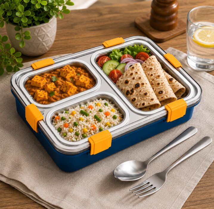 Stainless Steel pink Lunch Box, 3 Compartment, Spoon & Fork| Leakproof 1 Containers Stainless Steel, Plastic School Lunch Box-image-17