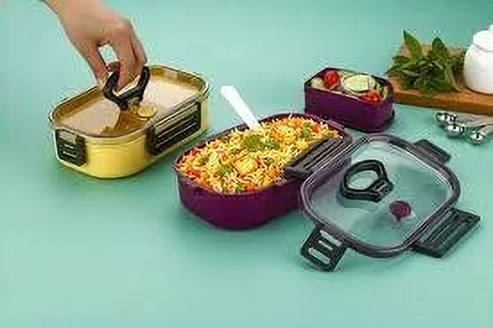 KIDS LUNCH BOX WITH SPOON DOUBLE COMPARTMENT 2 Containers Plastic School Lunch Box-image-2