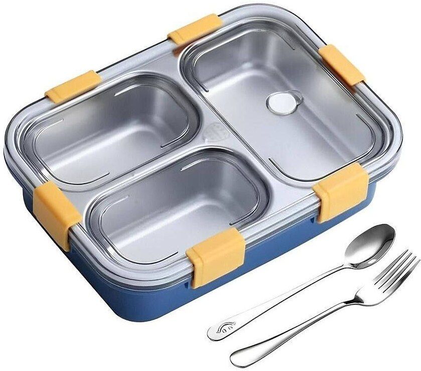 3 Compartment Leak Proof BPA Free Stainless Steel Lunch Box with Spoon & Fork 3 Containers Stainless Steel Office Lunch Box-image-42