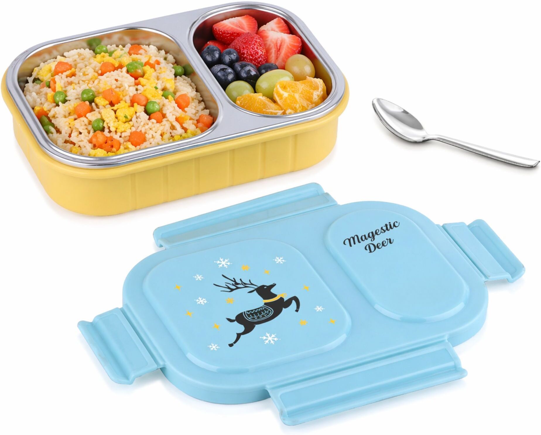 Leak Proof Tiffin Box 2 Compartment BPA Free School Lunch Box with Spoon 1 Containers Plastic, Stainless Steel School Lunch Box-image-25