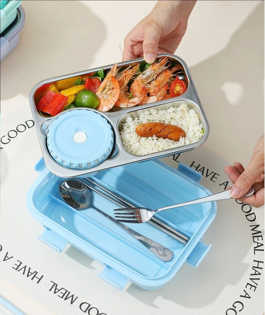 100% LEAK PROOF 3 COMPARTMENT STEEL LUNCH BOX 750ML 1 Containers Stainless Steel Office Lunch Box-image-38