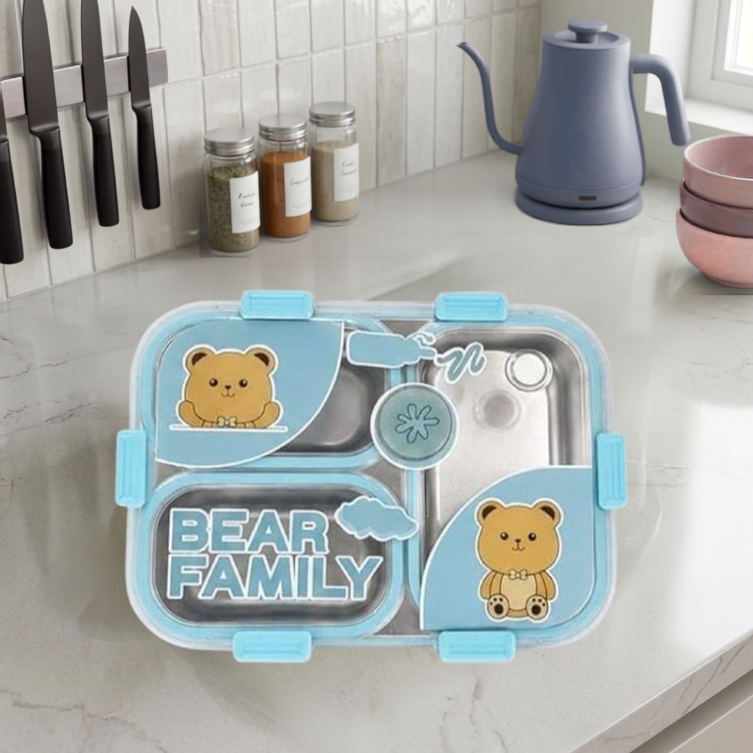 Bear Family Stainless Steel Lunch Box With Spoon & Fork_B221 3 Containers Stainless Steel School Lunch Box-image-40