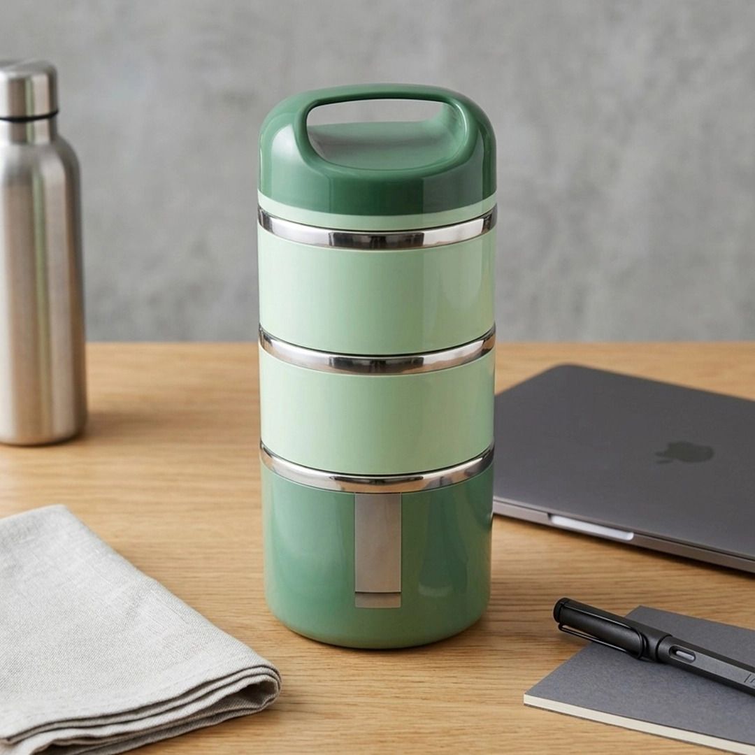 Premium 3 Layer Stackable Insulated Leak-Proof and Easy-Carry Handle Tiffin Box 3 Containers Stainless Steel, Plastic Office Lunch Box-image-0