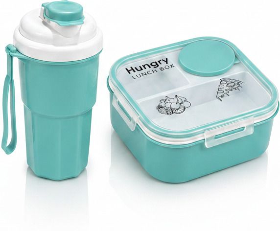Hungry Lunch Box Combo with Water Bottle & Spoon | 3 Compartment Leakproof 3 Containers Plastic School Lunch Box-image-47