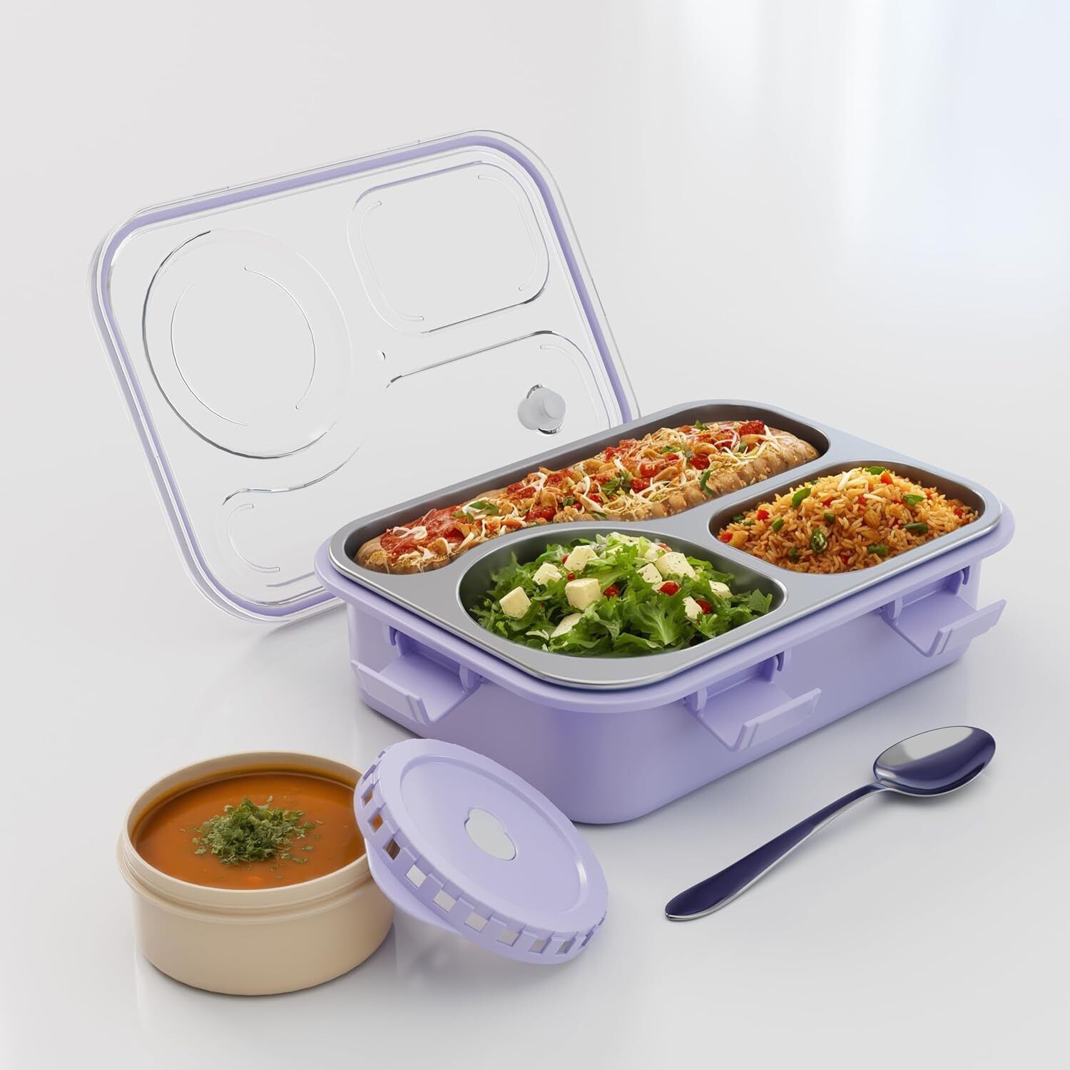 3 Compartment Stainless Steel Tiffin Box with 1 Spoon | Leakproof Lunch Box 3 Containers Stainless Steel Office Lunch Box-image-31