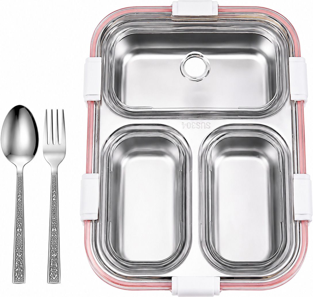 3 Compartment Stainless Steel Lunch Box | Leakproof Tiffin Box with Spoon & Fork 3 Containers Stainless Steel School Lunch Box-image-15
