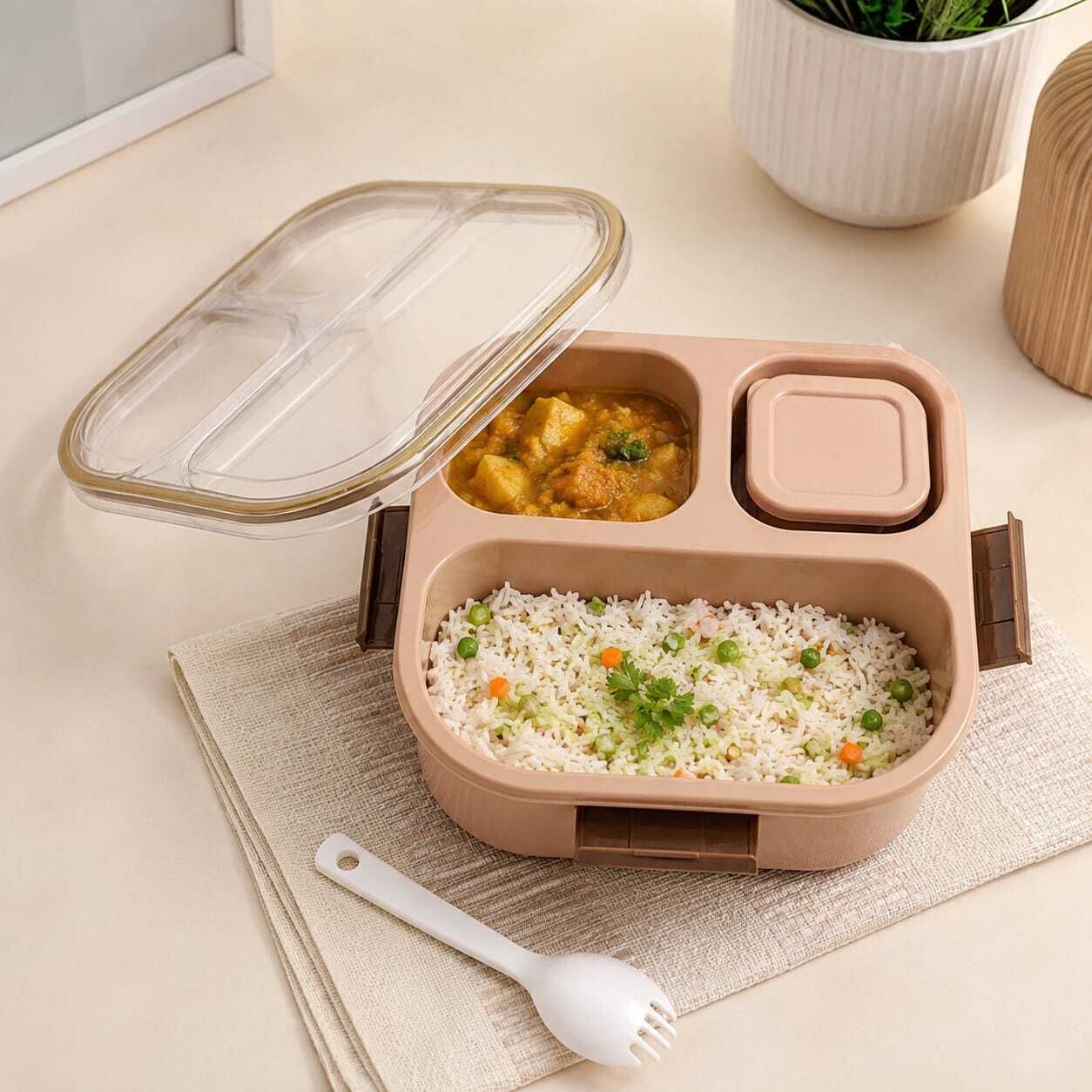 Bento Lunch Box 3 Compartment With Spoon 1 Containers Plastic School Lunch Box-image-5