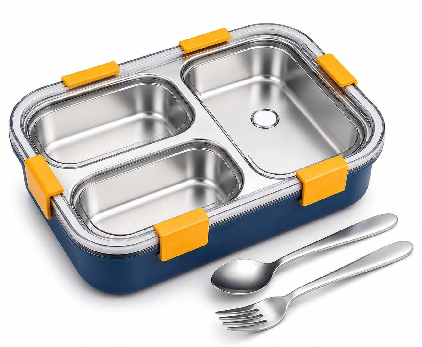 1200 ml 3 Compartment Stainless Steel Lunch Box for Office Use MultiColour 3 Containers Stainless Steel Office Lunch Box-image-7