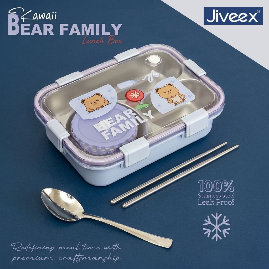 Bear Family Stainless Steel Lunch Box With Spoon & Chopsticks For School 3 Containers Stainless Steel, Plastic School Lunch Box-image-49