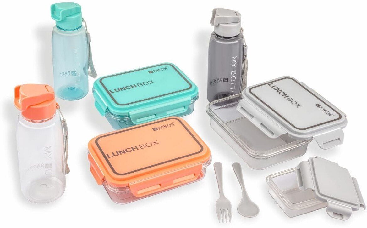 Transparent Lunch Box with Water Bottle Combo Set (Multicolour) 3 Containers Plastic School Lunch Box-image-18
