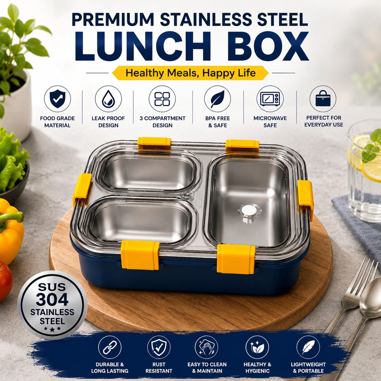 Premium Stainless Steel 3 Compartment Lunch Box with Spoon 3 Containers Stainless Steel School Lunch Box-image-29