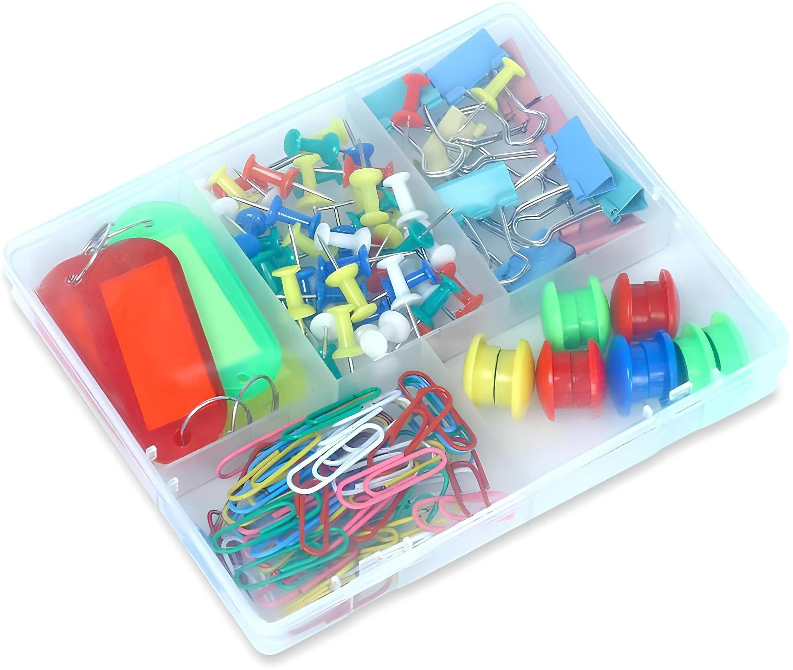 eduway Multipurpose Desk Buddy Box with Push Pins, Paper Clip, Binder Clips & Key Ring, Multipurpose Office Magnets Pack of 5 image 1