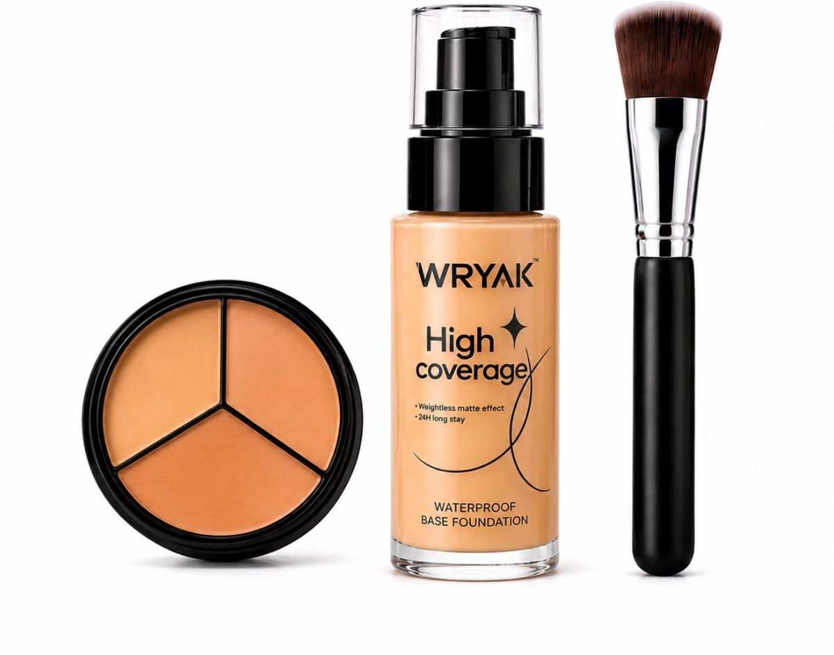 wryak Full Coverage Waterproof Liquid Foundation, 3 Shade Concealer & a Makeup Brush-picture-30