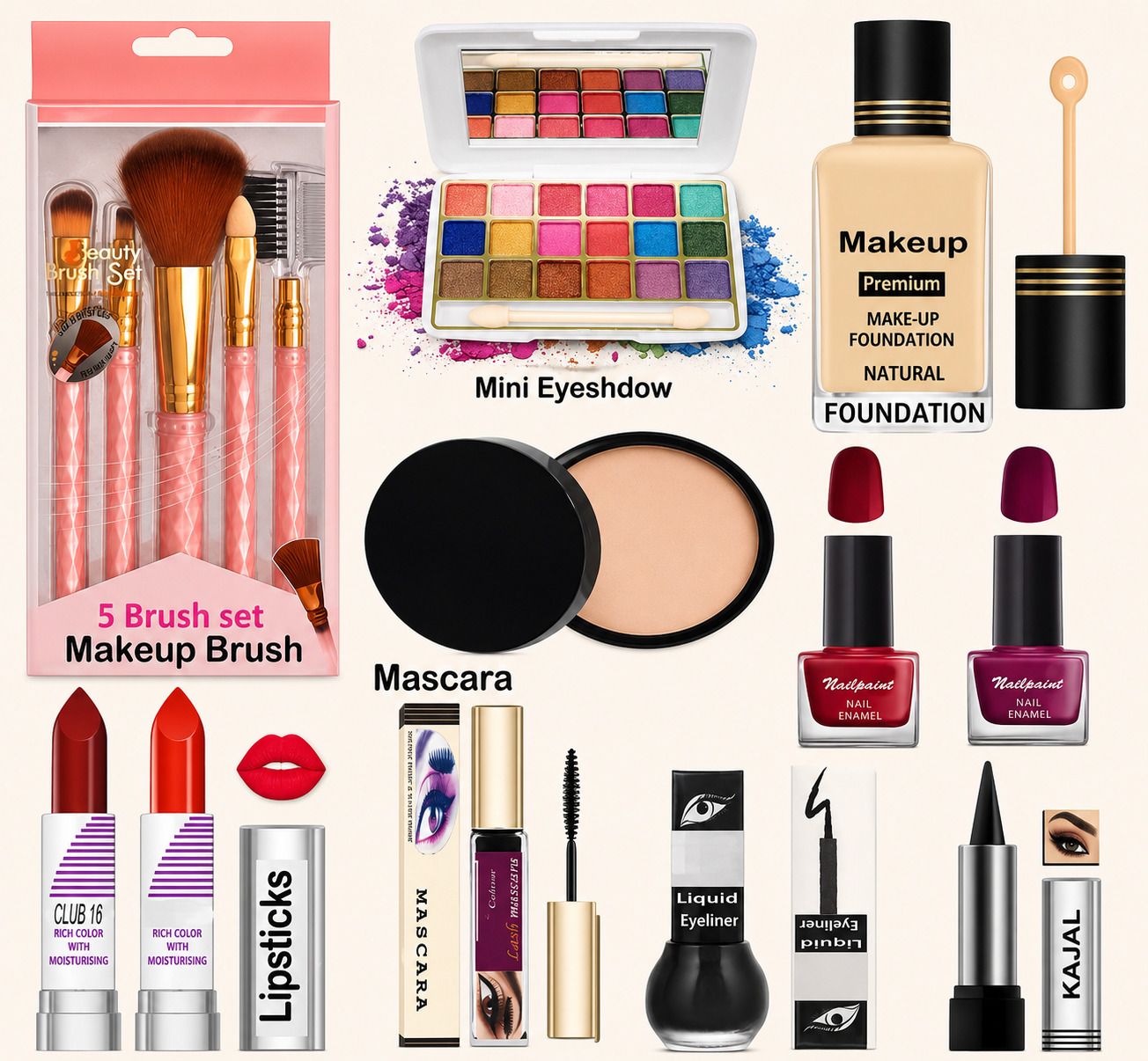 coslane Complete Makeup Starter Kit with Brush Set, Eyeshadow, Lipsticks & Kajal-picture-12