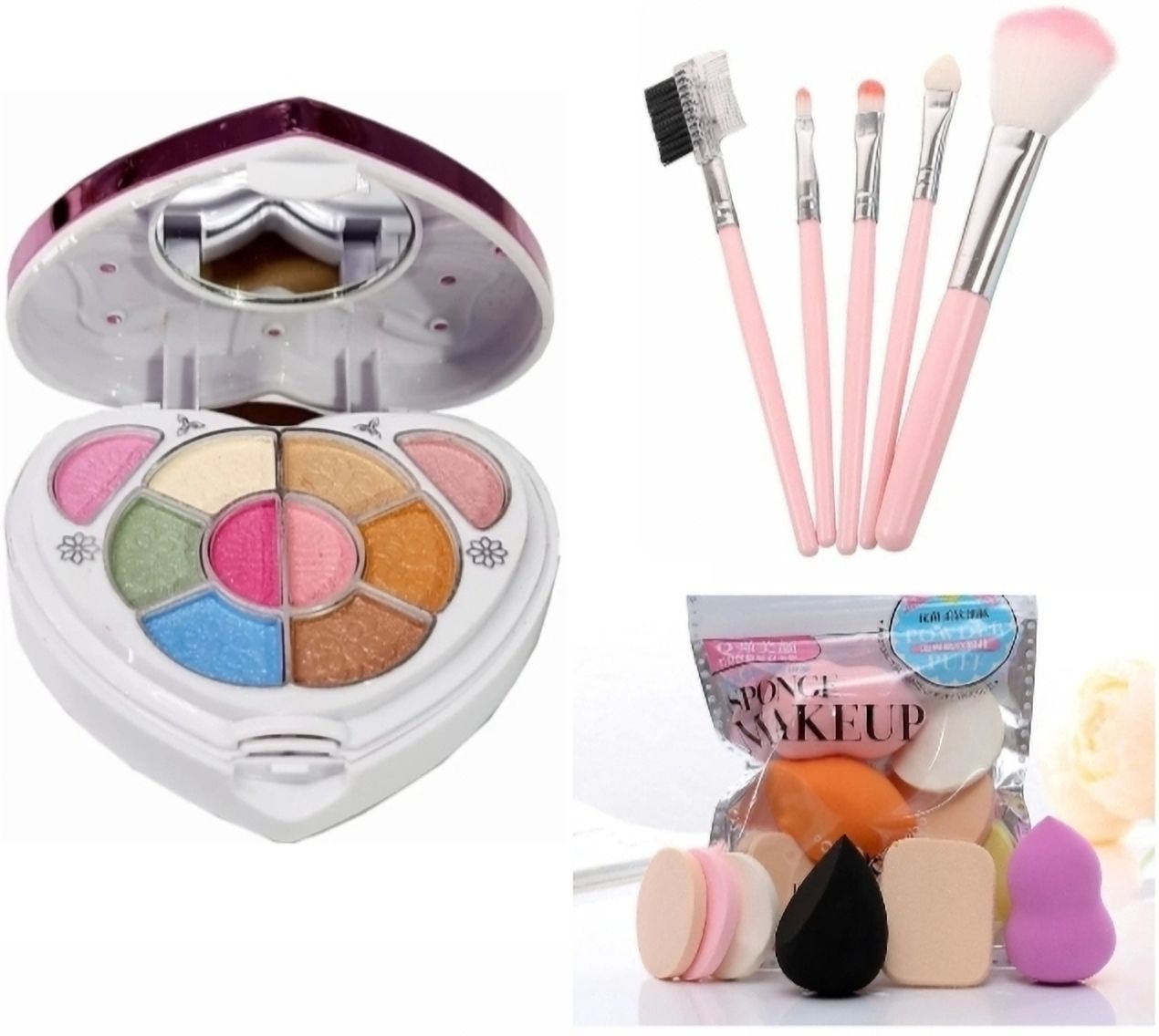 Beautiful Heart Shape Small Makeup Kit+5Pc Makeup Brush+6in1 Makeup Sponge-image-5